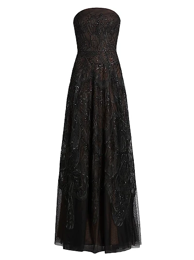 Embroidered Tulle Strapless A-Line Gown