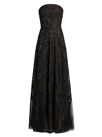 Embroidered Tulle Strapless A-Line Gown