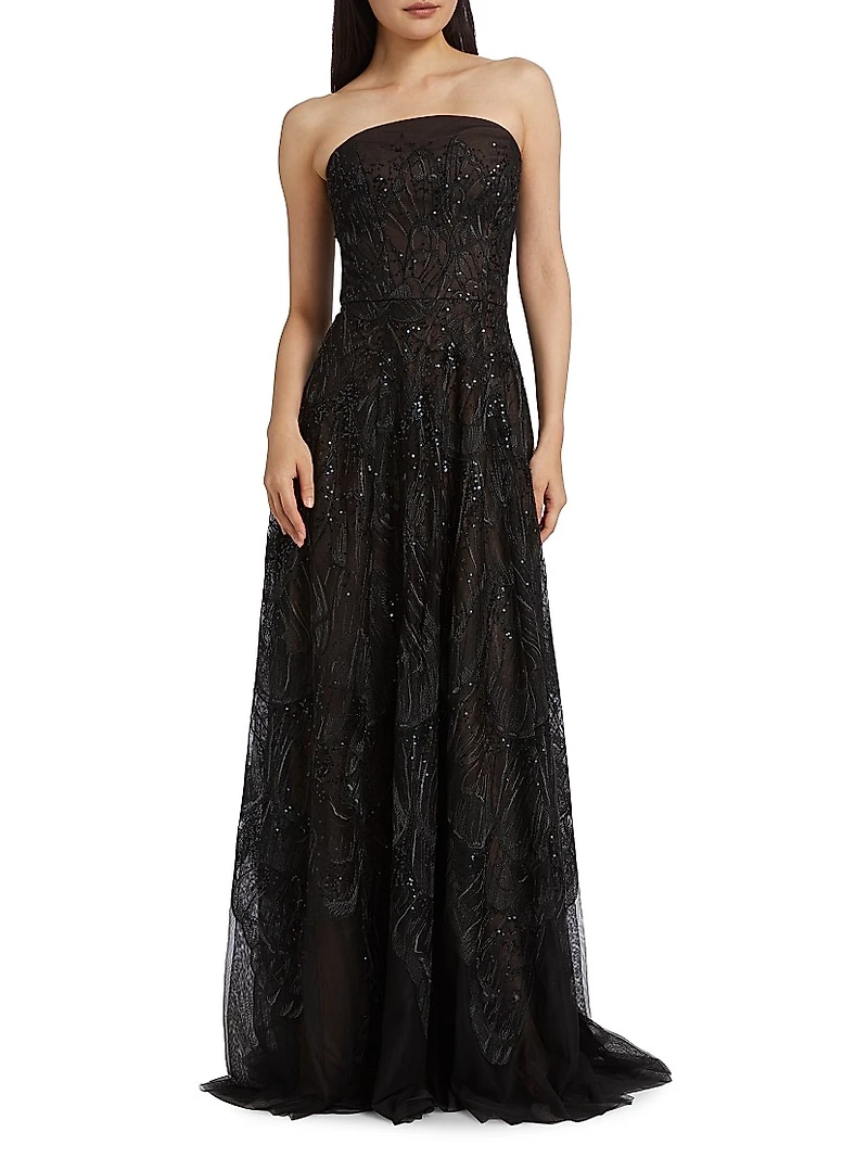 Embroidered Tulle Strapless A-Line Gown
