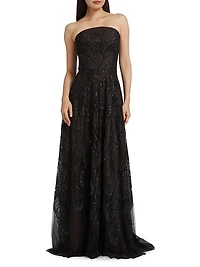 Embroidered Tulle Strapless A-Line Gown