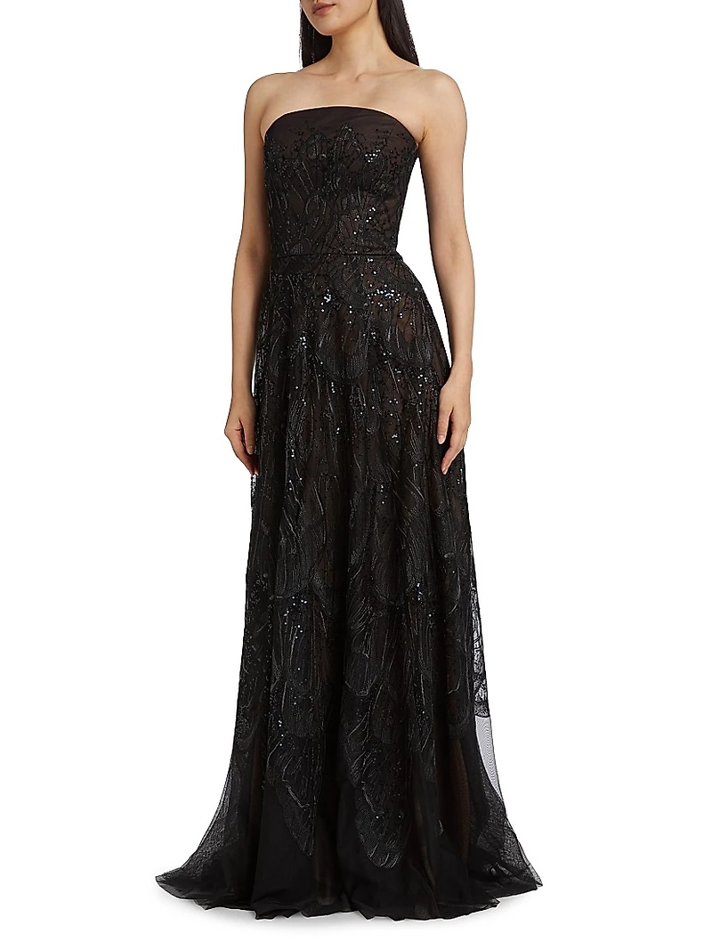 Embroidered Tulle Strapless A-Line Gown