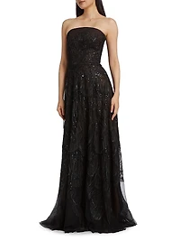 Embroidered Tulle Strapless A-Line Gown