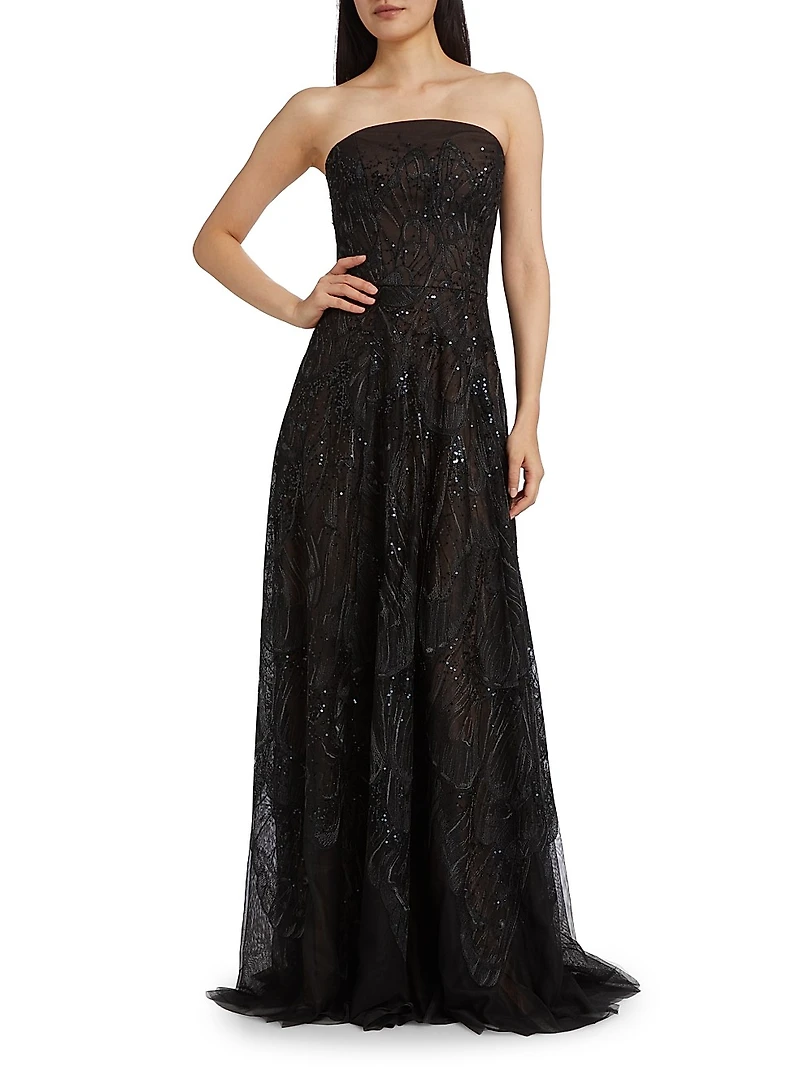 Embroidered Tulle Strapless A-Line Gown