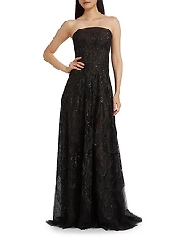 Embroidered Tulle Strapless A-Line Gown