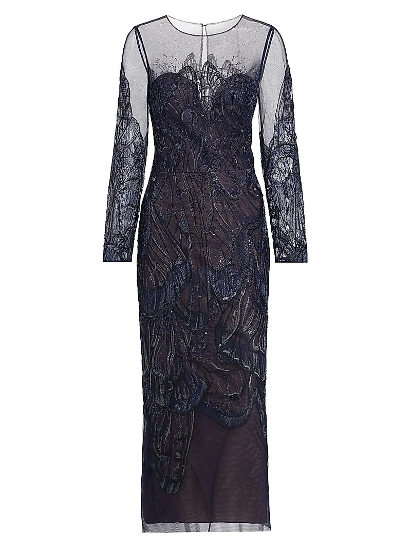 Embroidered Tulle Illusion-Neck Midi-Dress