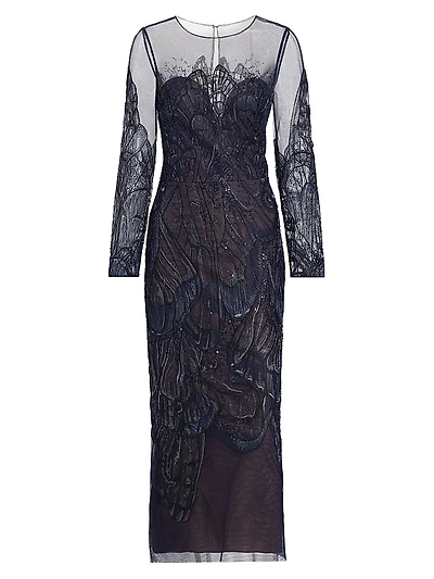 Embroidered Tulle Illusion-Neck Midi-Dress