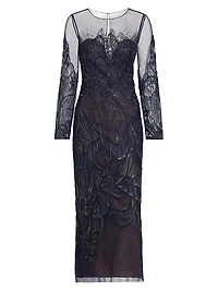 Embroidered Tulle Illusion-Neck Midi-Dress