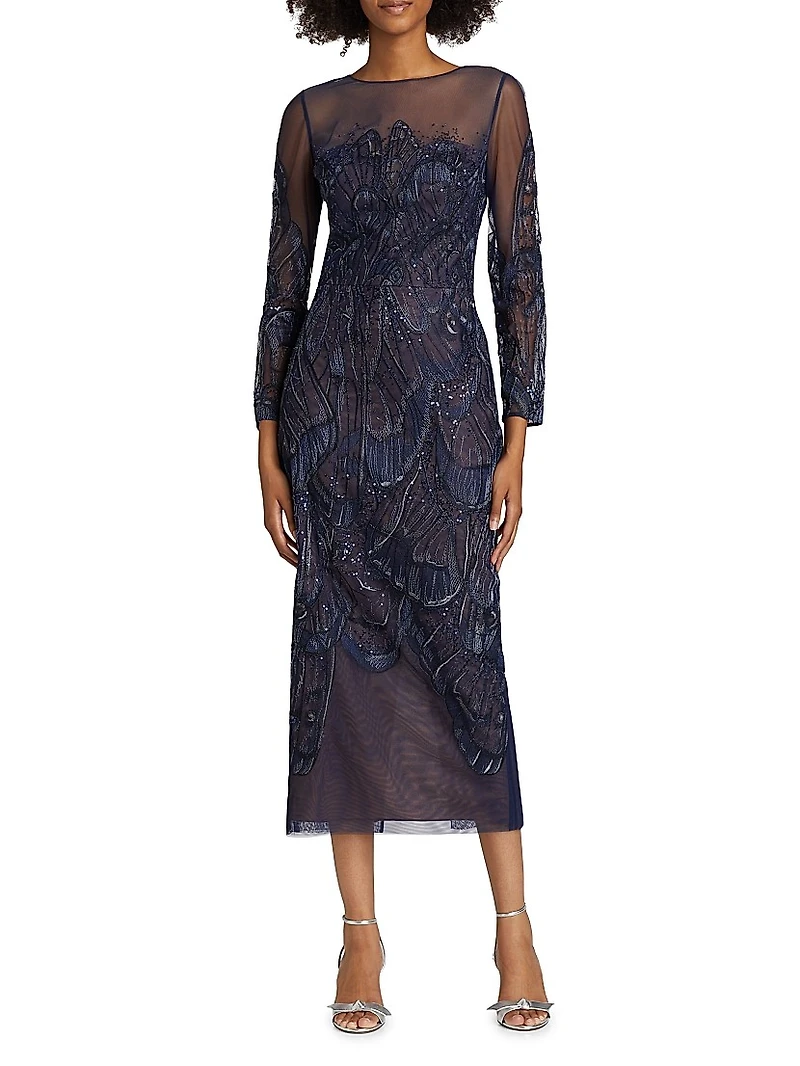 Embroidered Tulle Illusion-Neck Midi-Dress