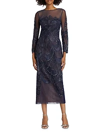 Embroidered Tulle Illusion-Neck Midi-Dress