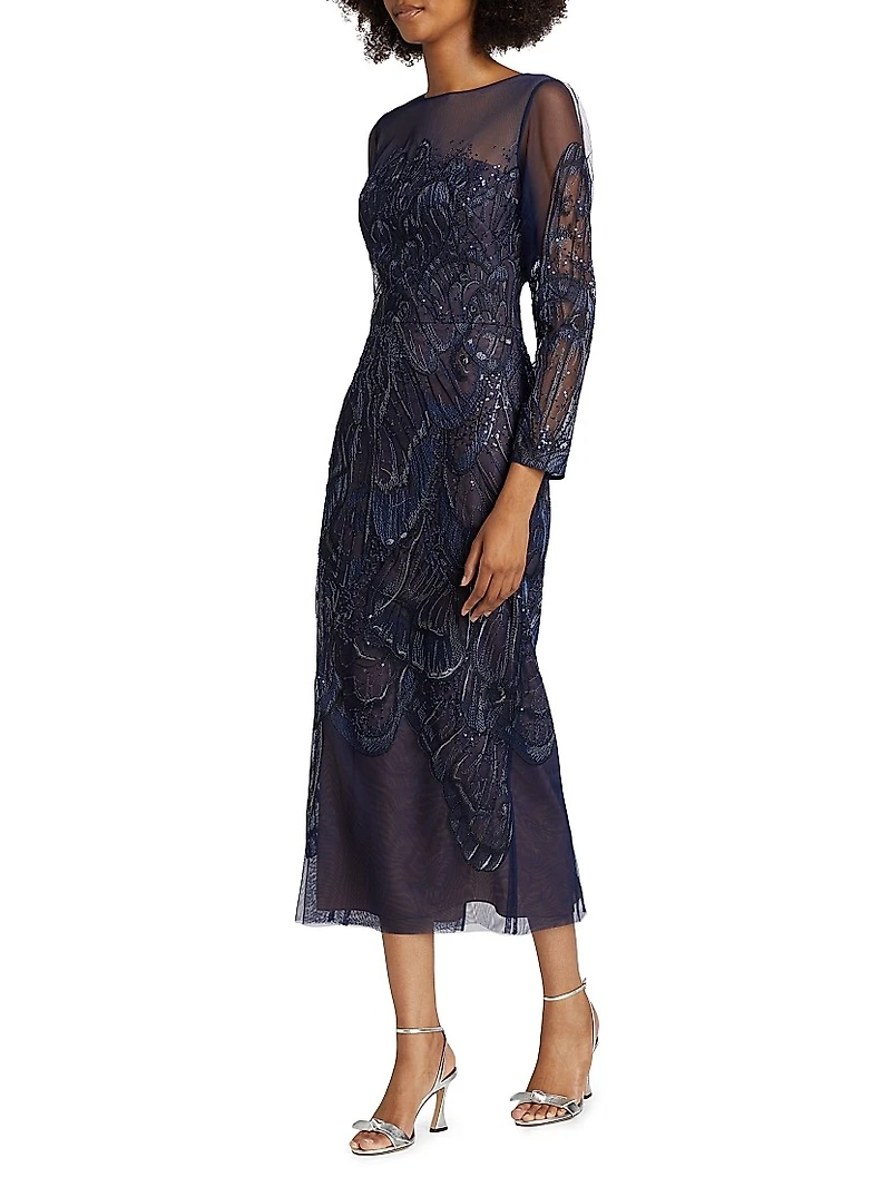 Embroidered Tulle Illusion-Neck Midi-Dress
