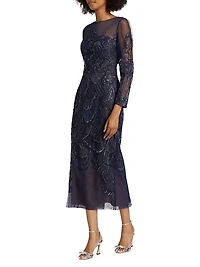 Embroidered Tulle Illusion-Neck Midi-Dress