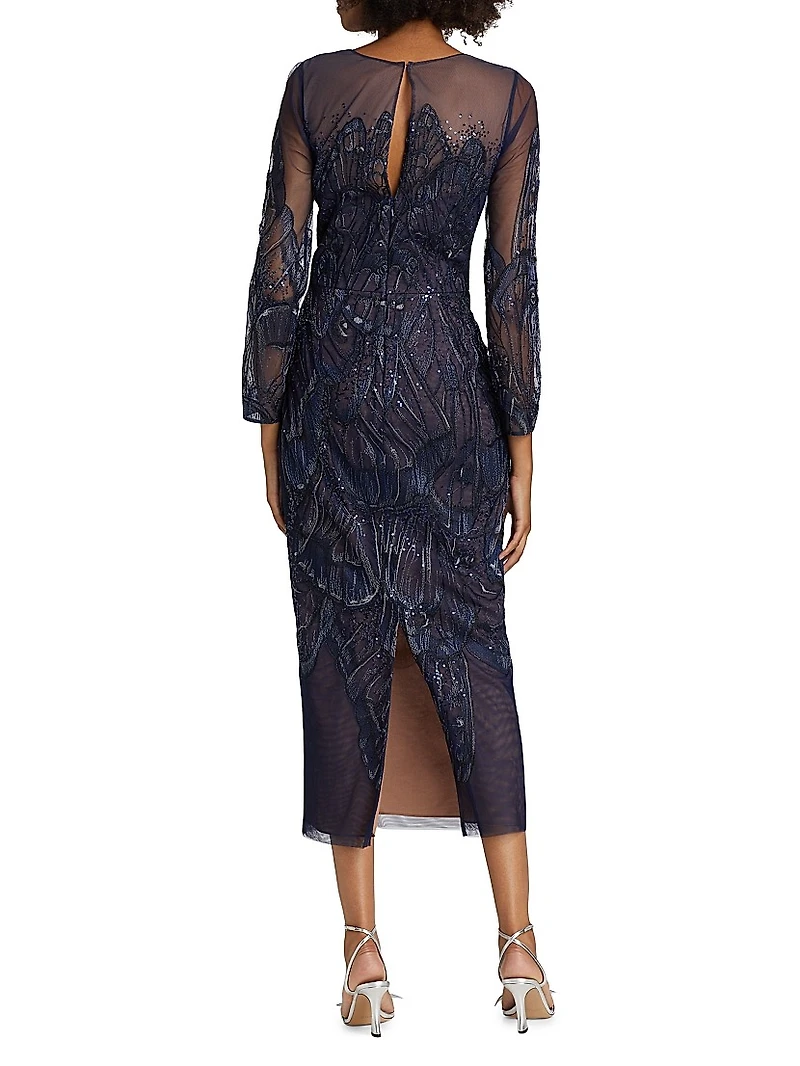 Embroidered Tulle Illusion-Neck Midi-Dress