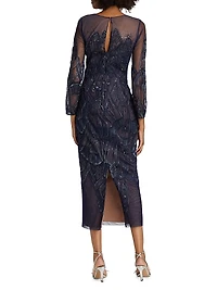 Embroidered Tulle Illusion-Neck Midi-Dress