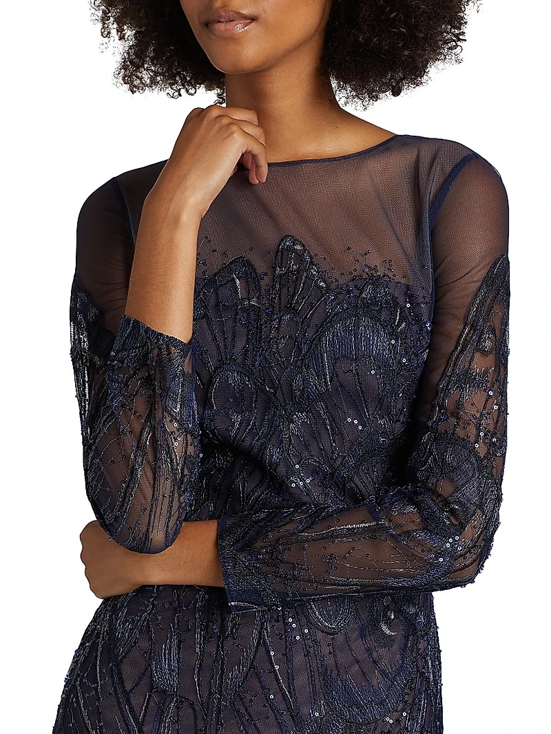 Embroidered Tulle Illusion-Neck Midi-Dress