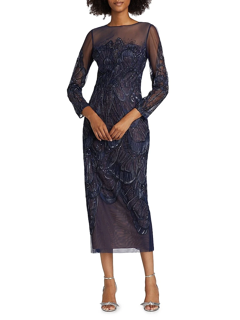 Embroidered Tulle Illusion-Neck Midi-Dress