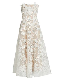 Appliqué Lace Strapless A-Line Midi-Dress