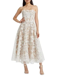 Appliqué Lace Strapless A-Line Midi-Dress