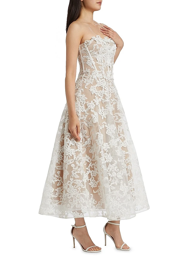Appliqué Lace Strapless A-Line Midi-Dress