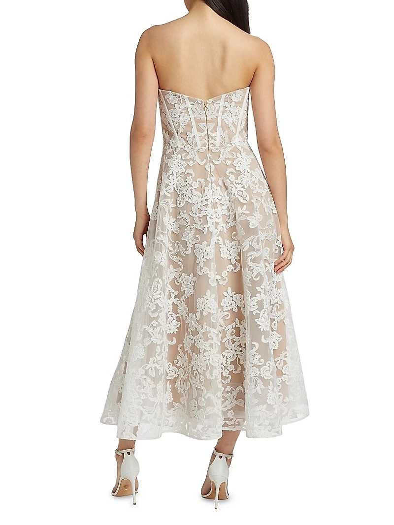 Appliqué Lace Strapless A-Line Midi-Dress