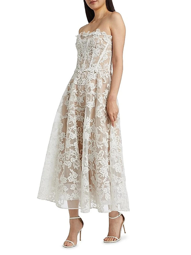 Appliqué Lace Strapless A-Line Midi-Dress