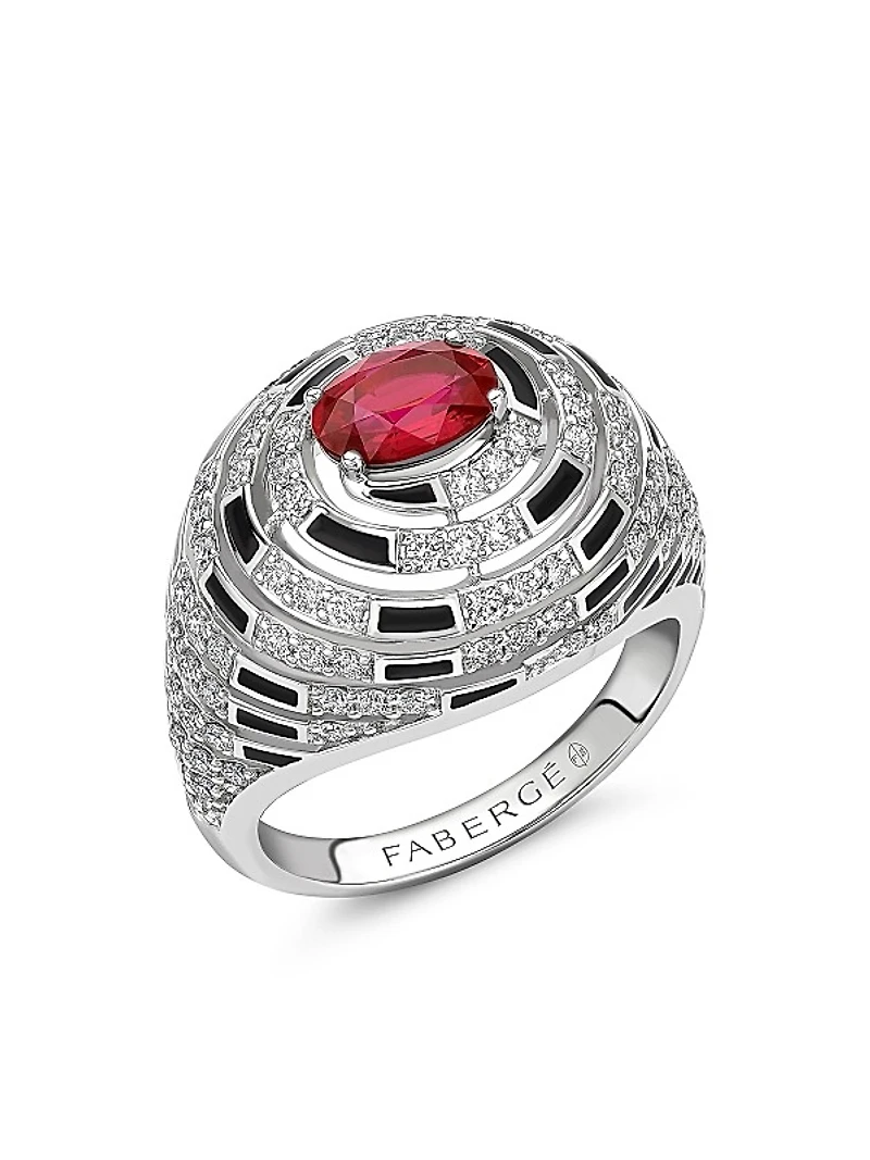 Fabergé x Beetlejuice Beetlejuice White Gold Ruby, Diamond and Black Enamel Spiral Bombe Ring