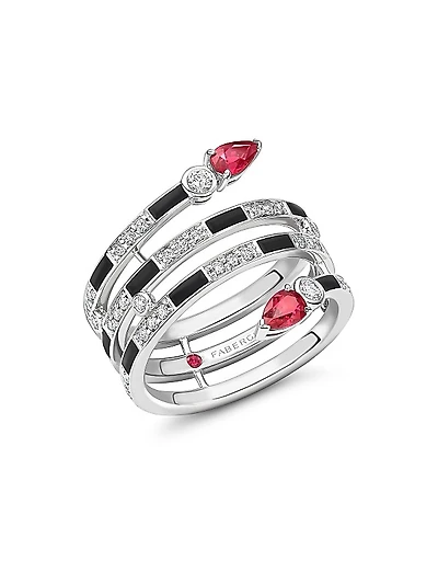 Fabergé x Beetlejuice Beetlejuice White Gold, Ruby & Black Enamel Spiral Wrap Ring