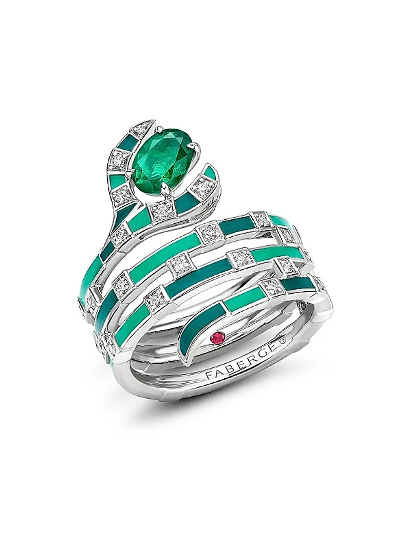 Fabergé x Beetlejuice Beetlejuice White Gold, Emerald & Green Enamel Sandworm Spiral Wrap Ring