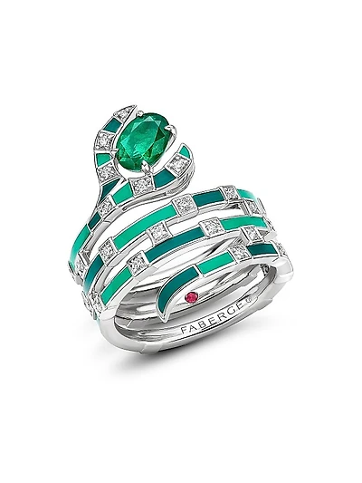 Fabergé x Beetlejuice Beetlejuice White Gold, Emerald & Green Enamel Sandworm Spiral Wrap Ring