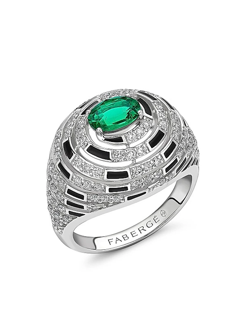 Fabergé x Beetlejuice Beetlejuice White Gold Emerald, Diamond and Black Enamel Spiral Bombe Ring