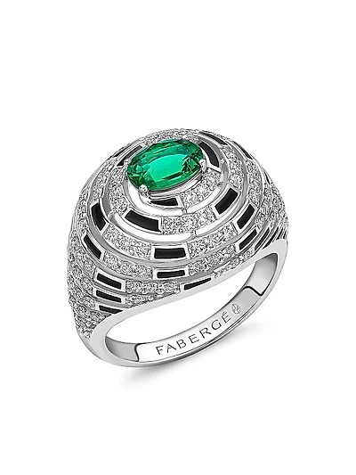 Fabergé x Beetlejuice Beetlejuice White Gold Emerald, Diamond and Black Enamel Spiral Bombe Ring