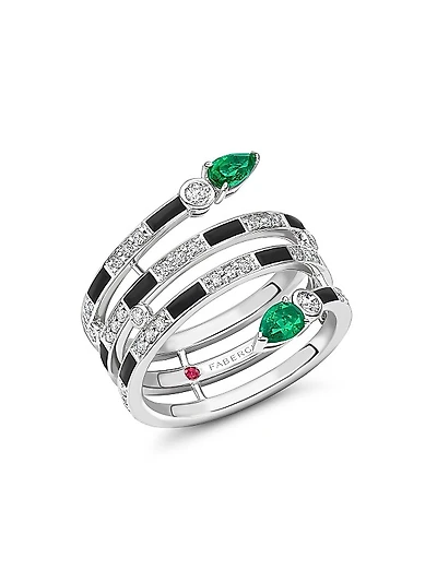 Fabergé x Beetlejuice Beetlejuice White Gold, Emerald & Black Enamel Spiral Wrap Ring