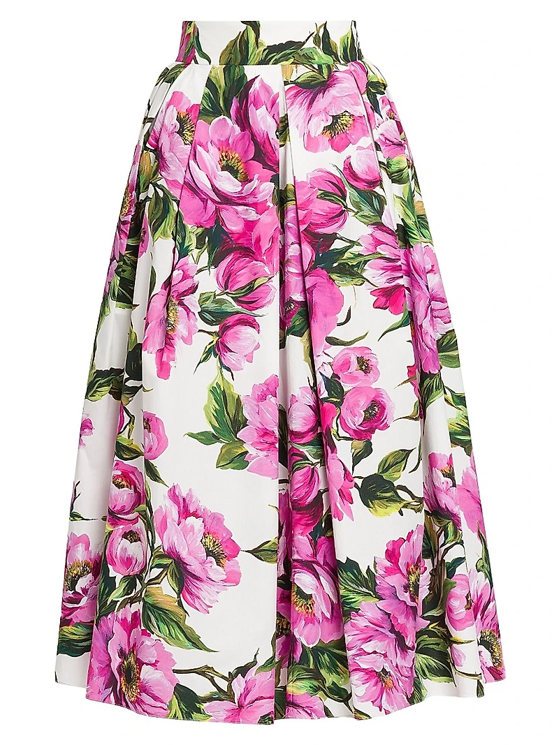 Peonies Box-Pleated Cotton Midi-Skirt