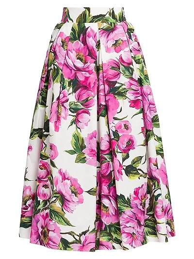 Peonies Box-Pleated Cotton Midi-Skirt