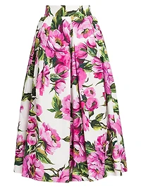 Peonies Box-Pleated Cotton Midi-Skirt