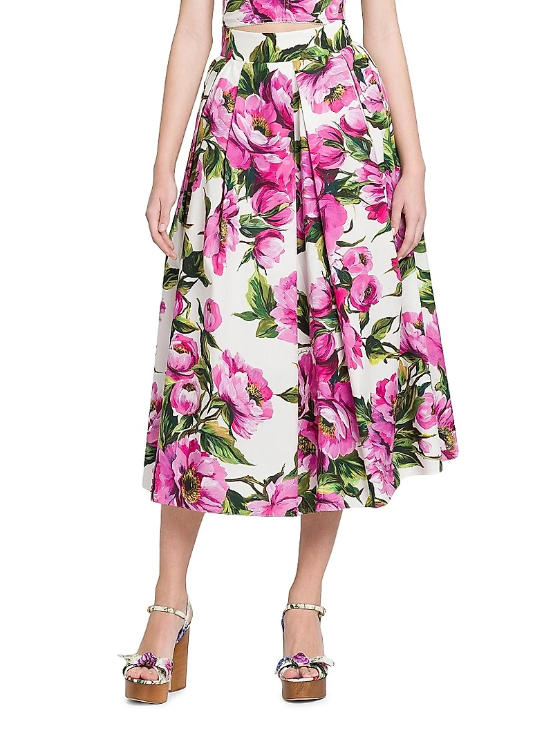 Peonies Box-Pleated Cotton Midi-Skirt