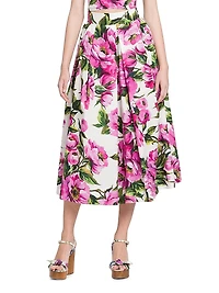 Peonies Box-Pleated Cotton Midi-Skirt