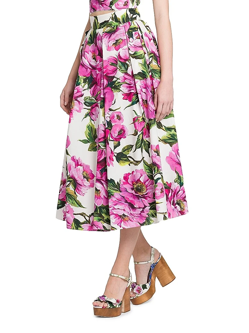 Peonies Box-Pleated Cotton Midi-Skirt