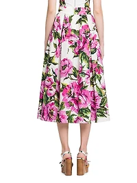 Peonies Box-Pleated Cotton Midi-Skirt