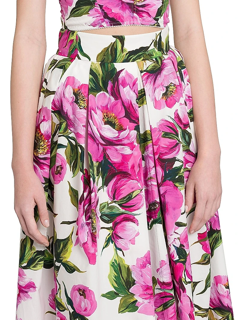 Peonies Box-Pleated Cotton Midi-Skirt