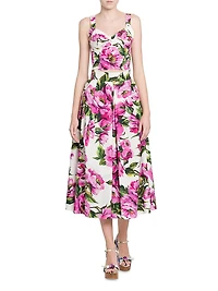 Peonies Box-Pleated Cotton Midi-Skirt