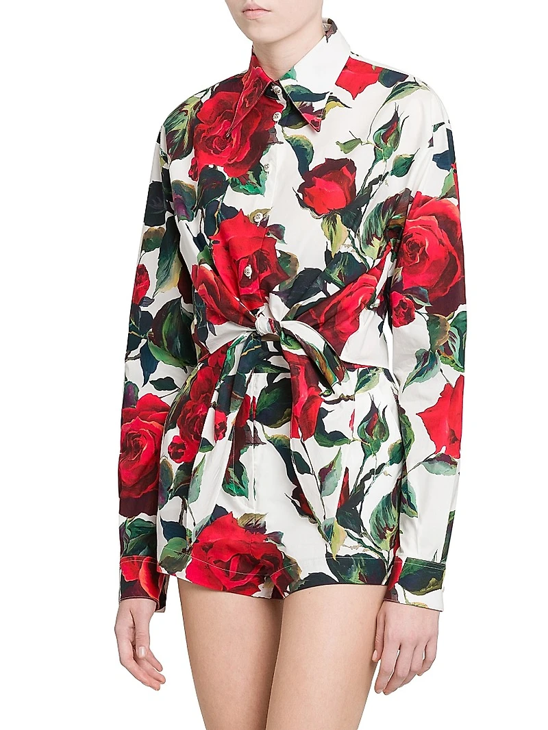 Roses Cotton Tie-Front Crop Shirt