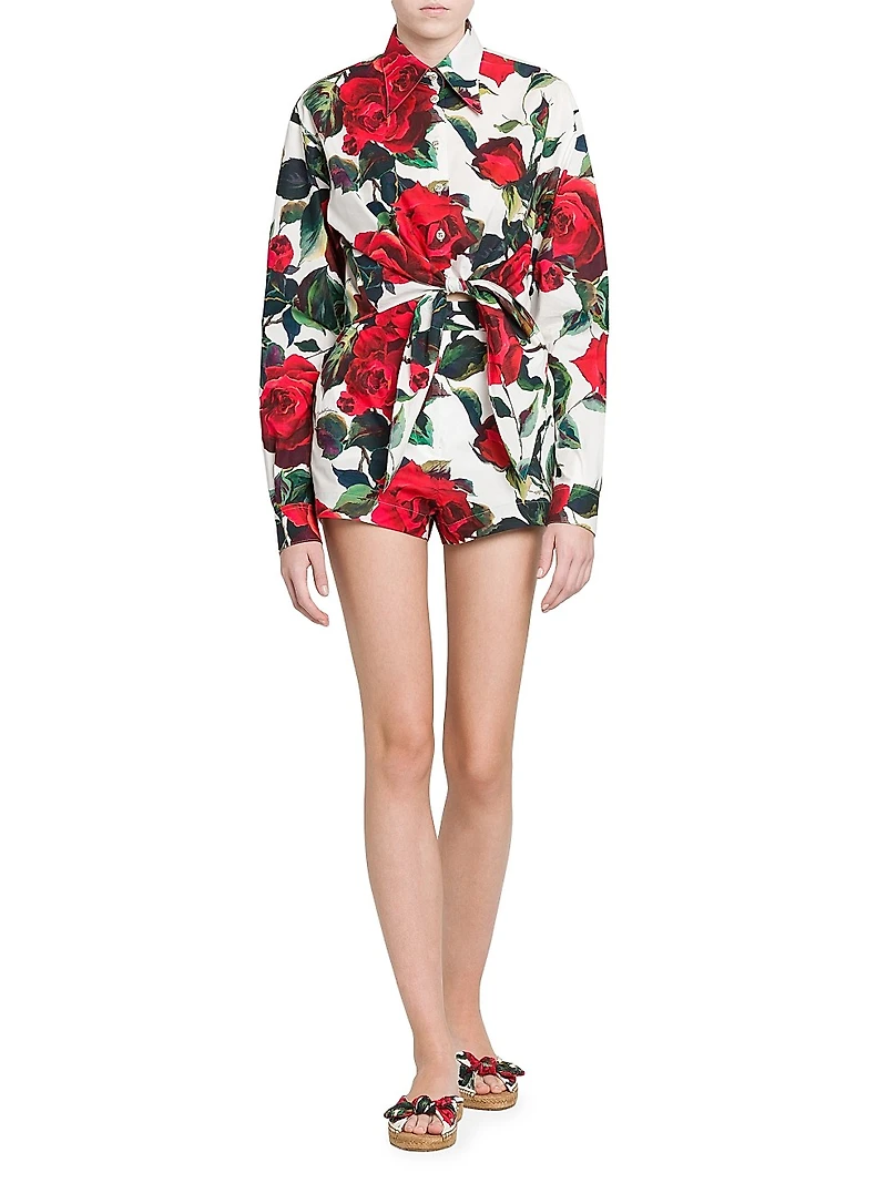 Roses Cotton Tie-Front Crop Shirt