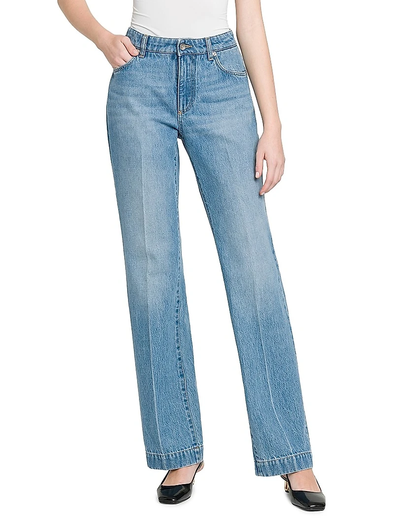 Washed Denim Straight-Leg Pants
