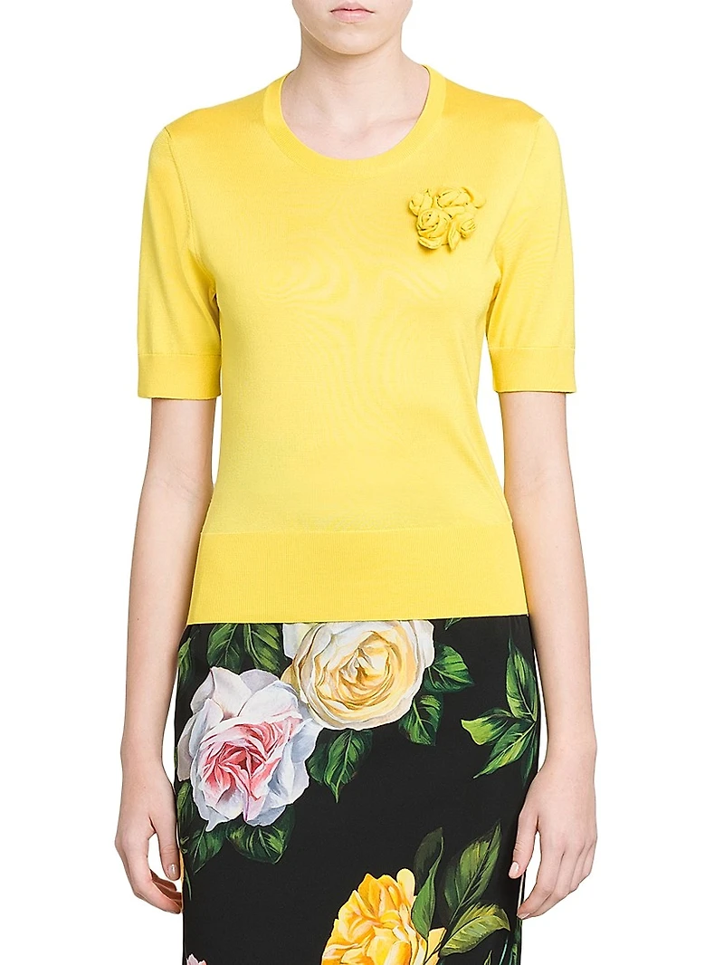 Floral-Appliquéd Silk Short-Sleeve Sweater