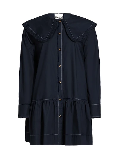 Poplin Ruffle-Trim Mini Shirtdress