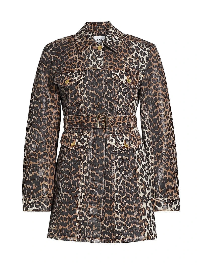 Leopard Print Denim Mini Shirtdress