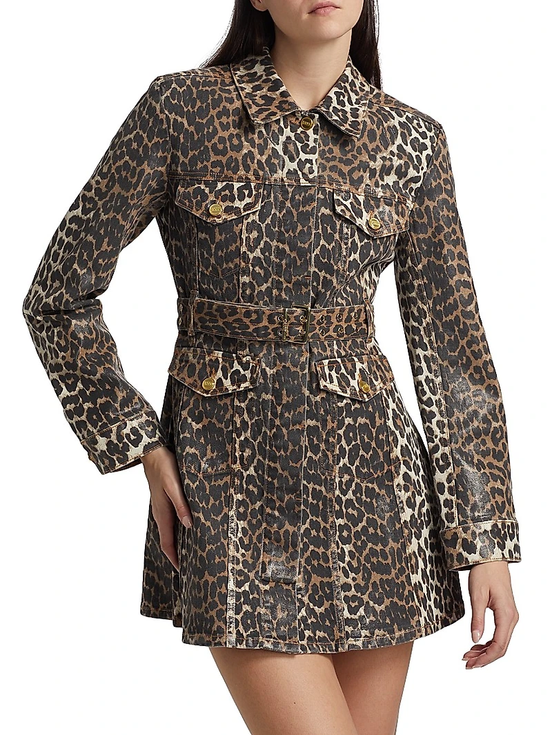 Leopard Print Denim Mini Shirtdress
