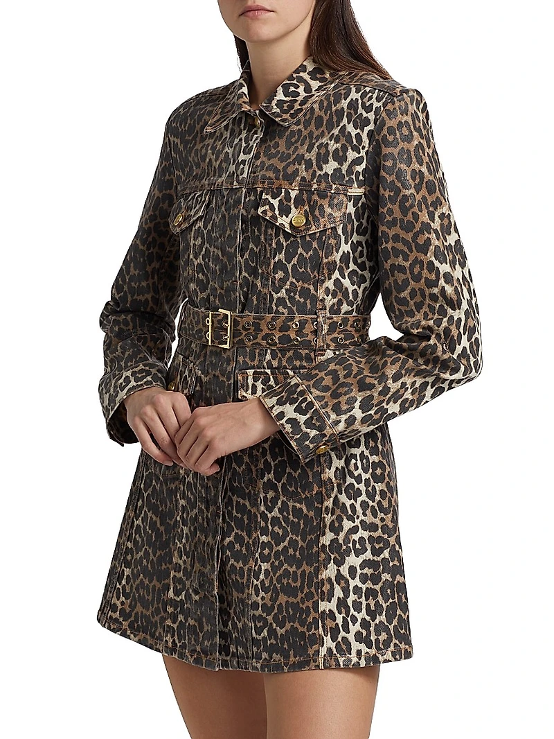 Leopard Print Denim Mini Shirtdress