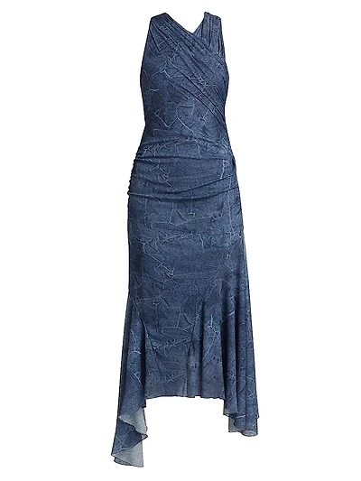 Marl Mesh Ruched Crossover Midi-Dress