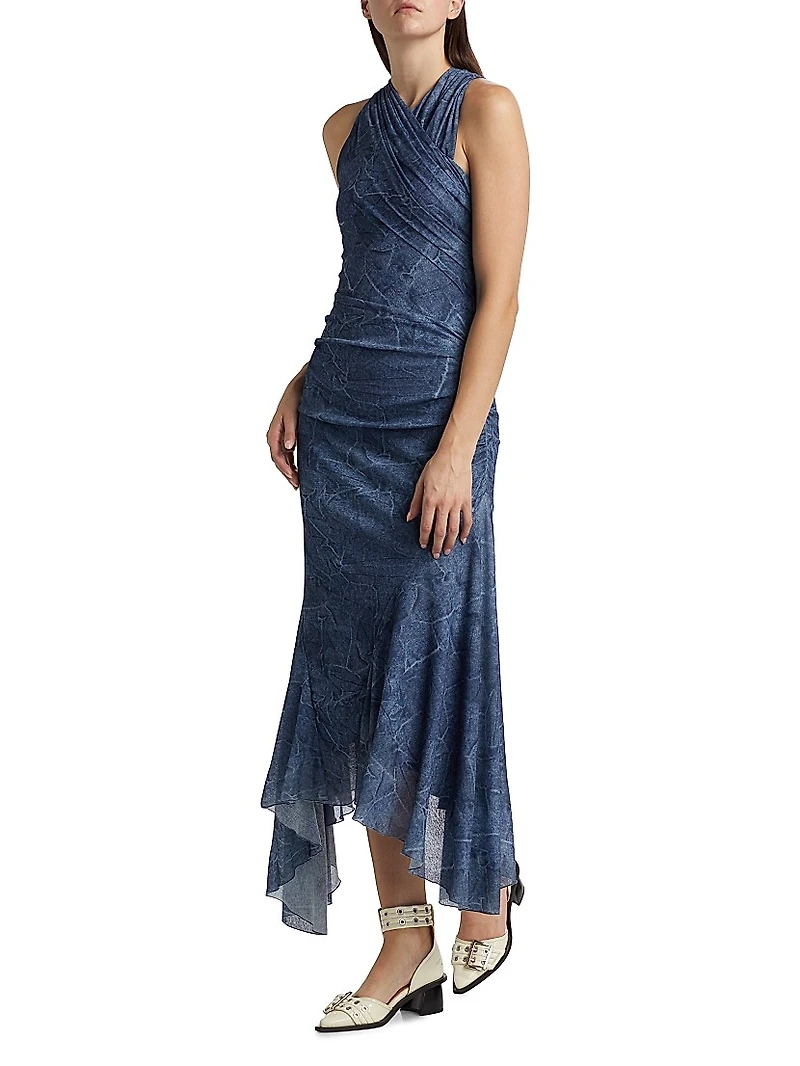Marl Mesh Ruched Crossover Midi-Dress